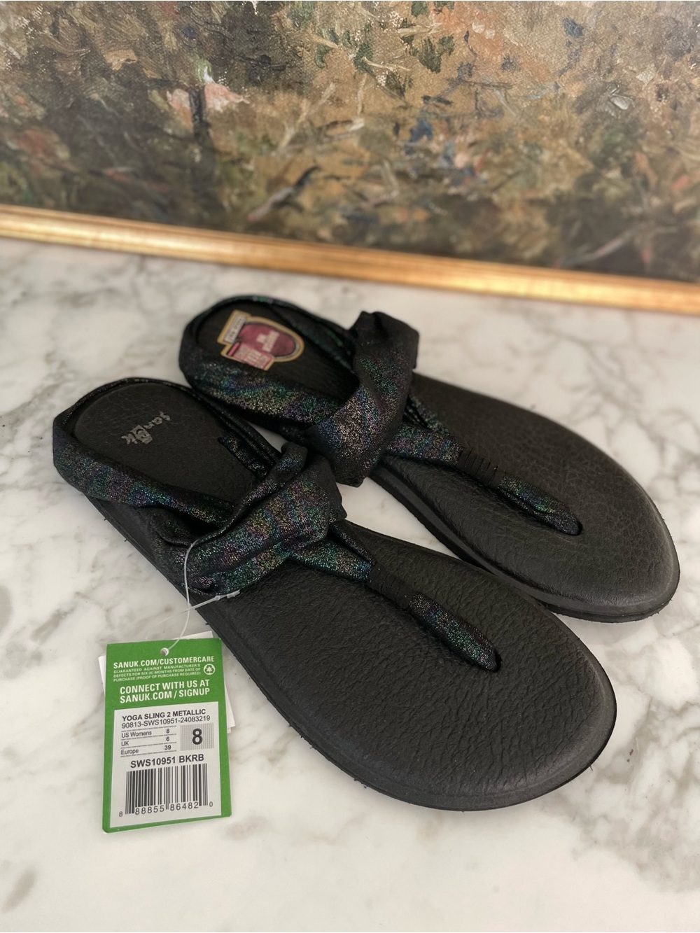 Sanuk Yoga Sling 2 Metallic Shimmer Black Sandals Size 8 - Picture 2 of 6